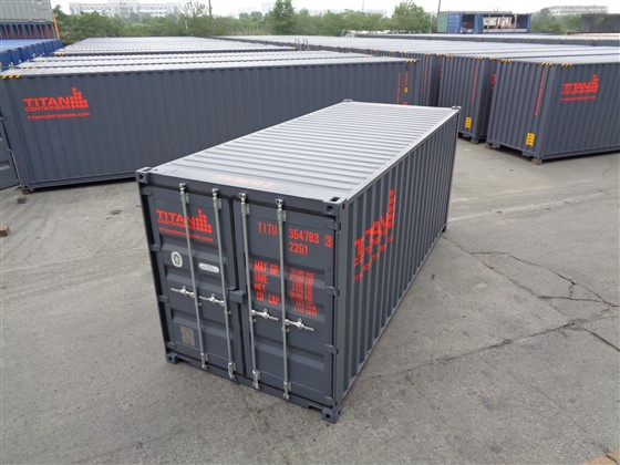Standard containers dry 20 foot gray red text