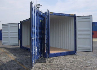CONTAINER HIRE Storage Container with doors on each end 20 blue outside side door access doors open