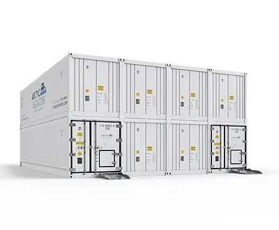 Arctic MegaStore modular cold storage containers shown in stacked configuration with ramp access
